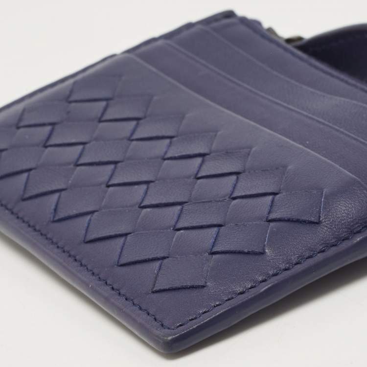 Pre Owned Bottega Veneta Dark Blue Intrecciato Leather Zip Card Holder