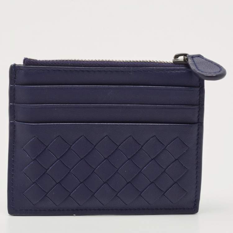 Pre Owned Bottega Veneta Dark Blue Intrecciato Leather Zip Card Holder