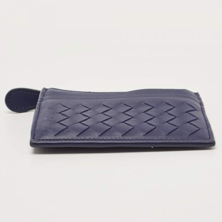 Pre Owned Bottega Veneta Dark Blue Intrecciato Leather Zip Card Holder