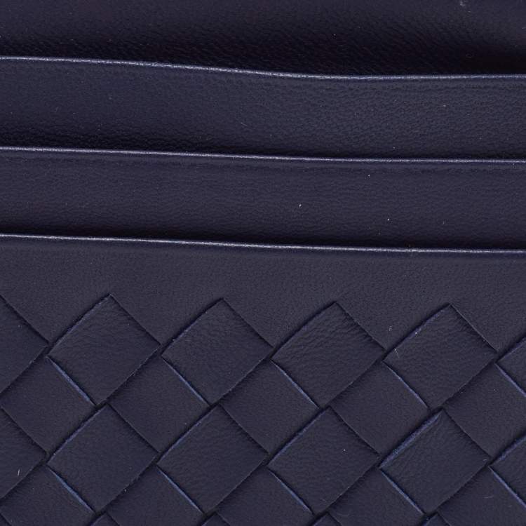 Pre Owned Bottega Veneta Dark Blue Intrecciato Leather Zip Card Holder