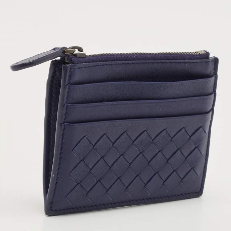 Pre Owned Bottega Veneta Dark Blue Intrecciato Leather Zip Card Holder