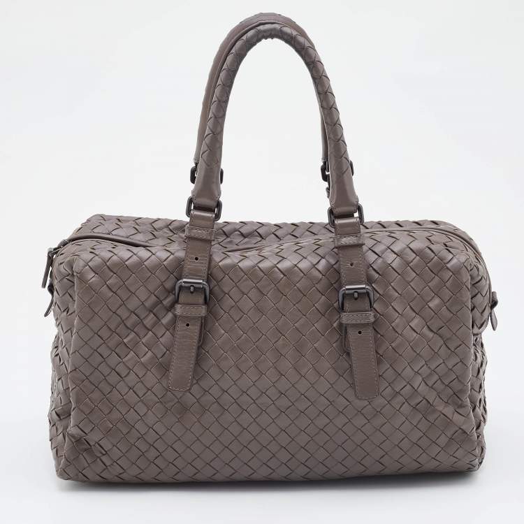 Pre Owned Bottega Veneta Grey Intrecciato Leather Boston Zip Bag