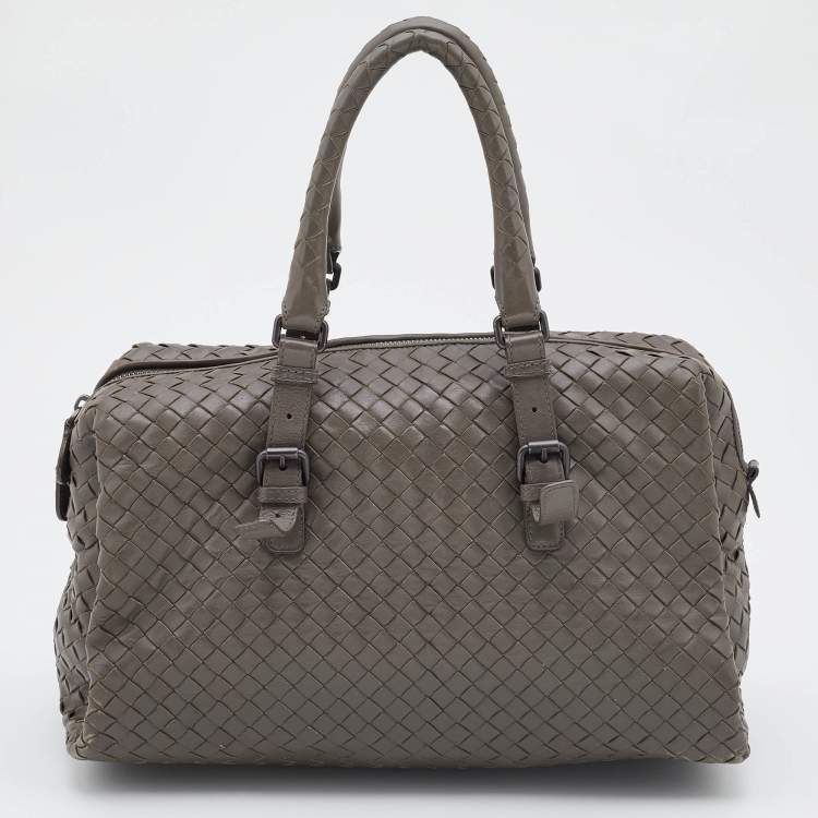 Pre Owned Bottega Veneta Grey Intrecciato Leather Boston Zip Bag