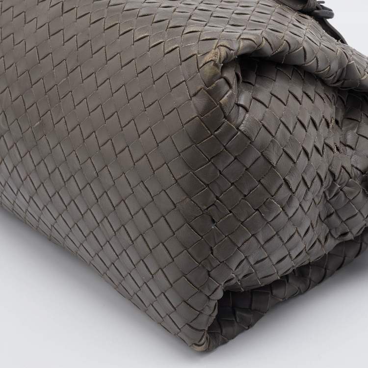 Pre Owned Bottega Veneta Grey Intrecciato Leather Boston Zip Bag