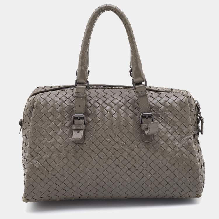 Pre Owned Bottega Veneta Grey Intrecciato Leather Boston Zip Bag