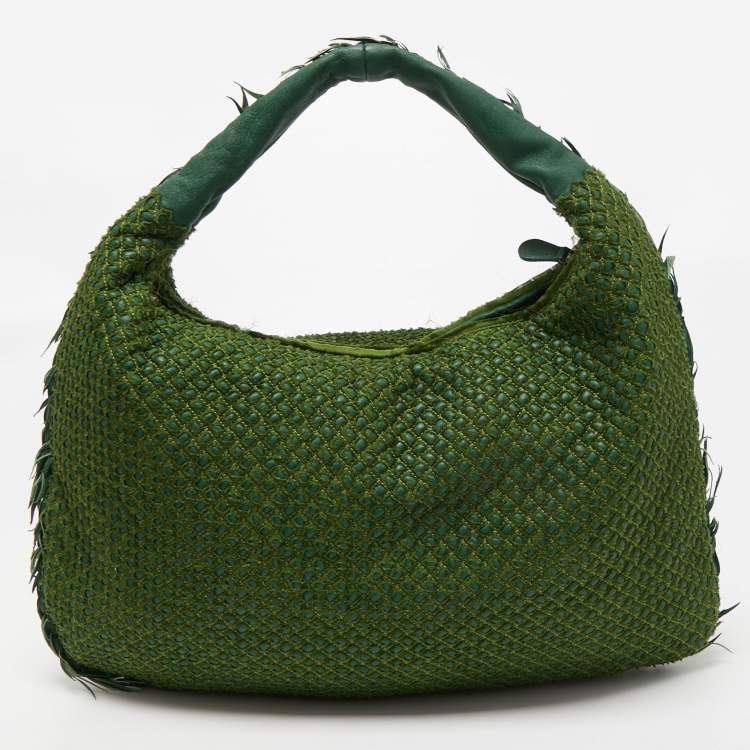 Pre Owned Bottega Veneta Two Tone Green Woven Fabric and Leather Large Veneta Hobo