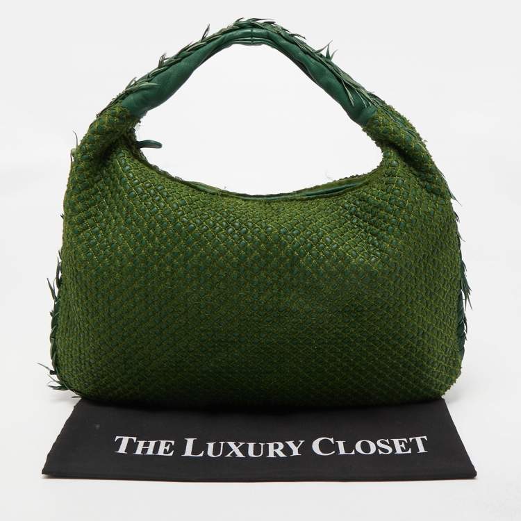 Pre Owned Bottega Veneta Two Tone Green Woven Fabric and Leather Large Veneta Hobo