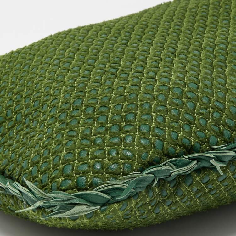Pre Owned Bottega Veneta Two Tone Green Woven Fabric and Leather Large Veneta Hobo