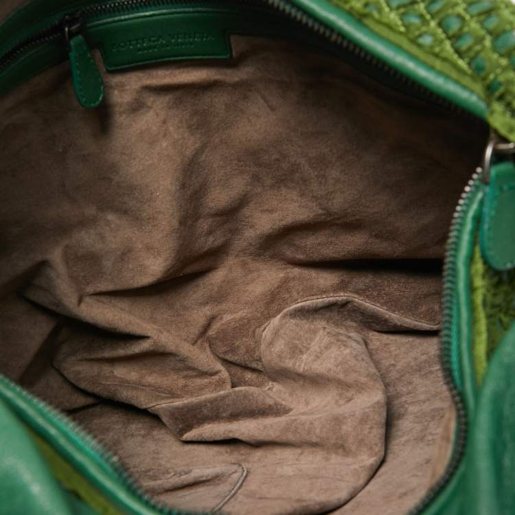 Pre Owned Bottega Veneta Two Tone Green Woven Fabric and Leather Large Veneta Hobo