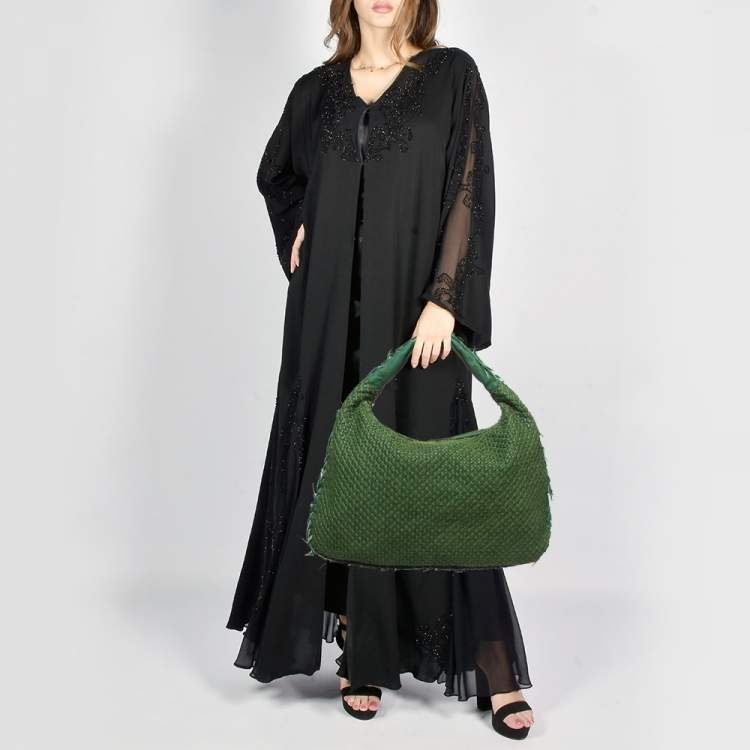 Pre Owned Bottega Veneta Two Tone Green Woven Fabric and Leather Large Veneta Hobo
