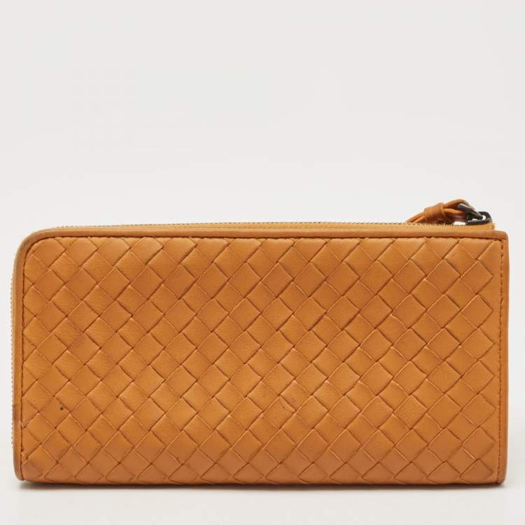 Pre Owned Bottega Veneta Saffron Yellow Intrecciato Leather Zip Continental Wallet