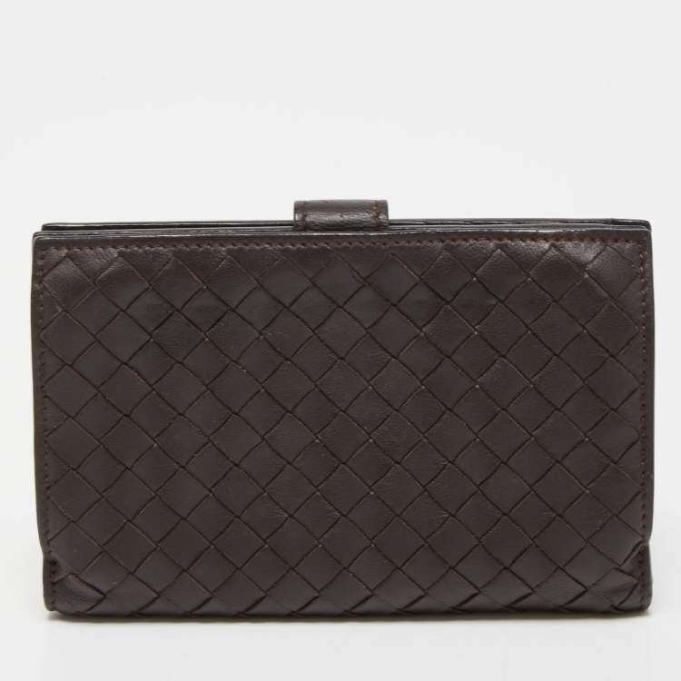 Pre Owned Bottega Veneta Dark Brown Intrecciato Leather French Wallet