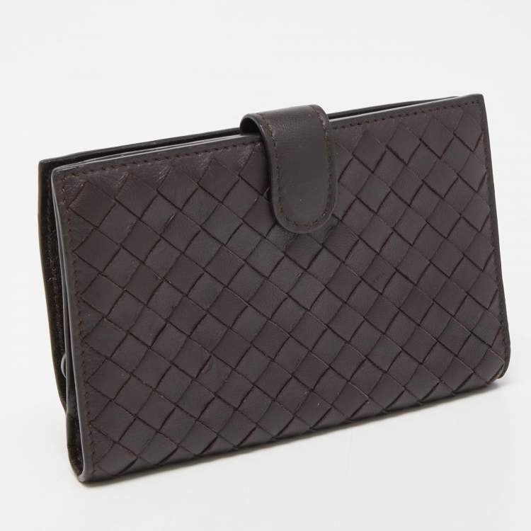 Pre Owned Bottega Veneta Dark Brown Intrecciato Leather French Wallet