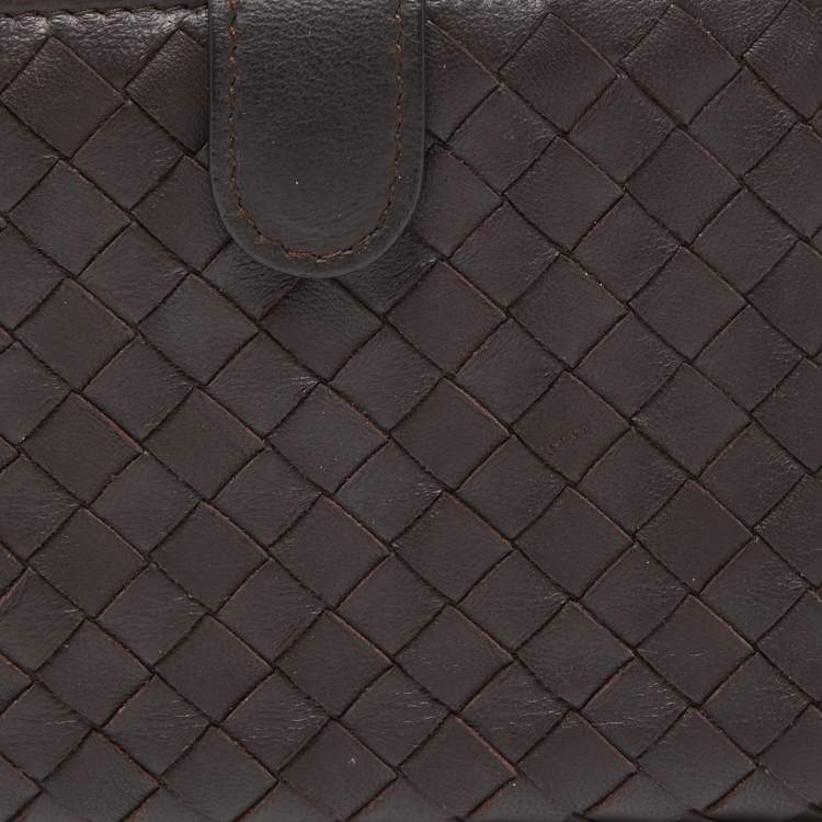 Pre Owned Bottega Veneta Dark Brown Intrecciato Leather French Wallet