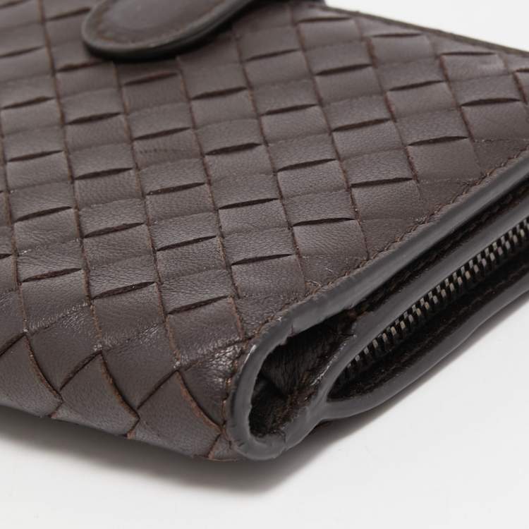 Pre Owned Bottega Veneta Dark Brown Intrecciato Leather French Wallet