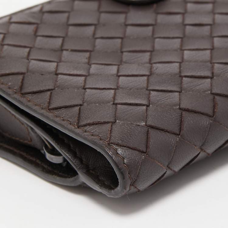Pre Owned Bottega Veneta Dark Brown Intrecciato Leather French Wallet