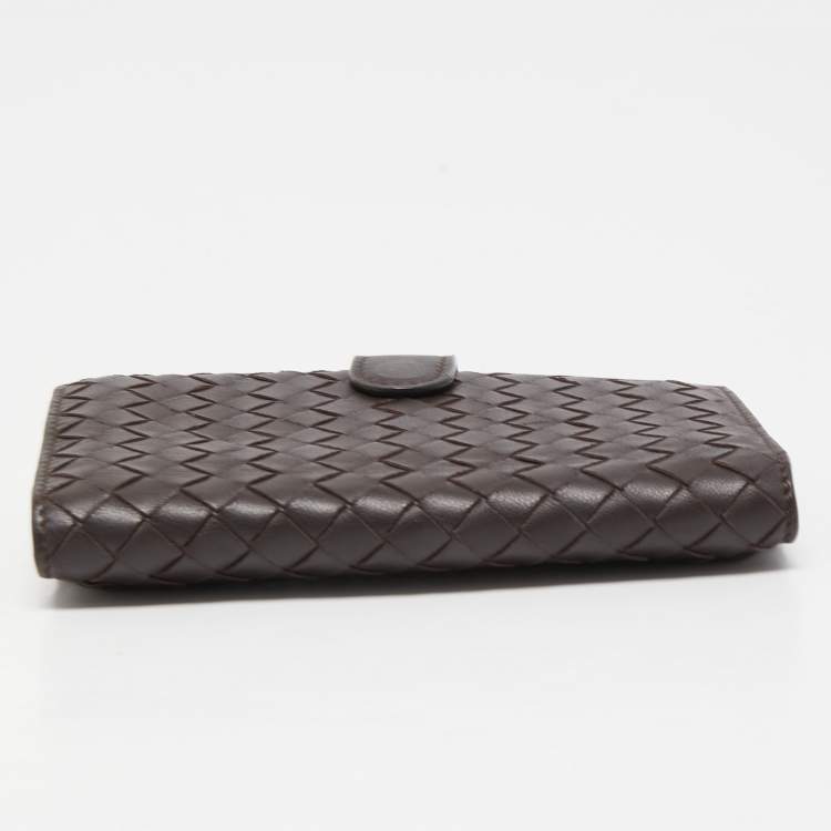 Pre Owned Bottega Veneta Dark Brown Intrecciato Leather French Wallet