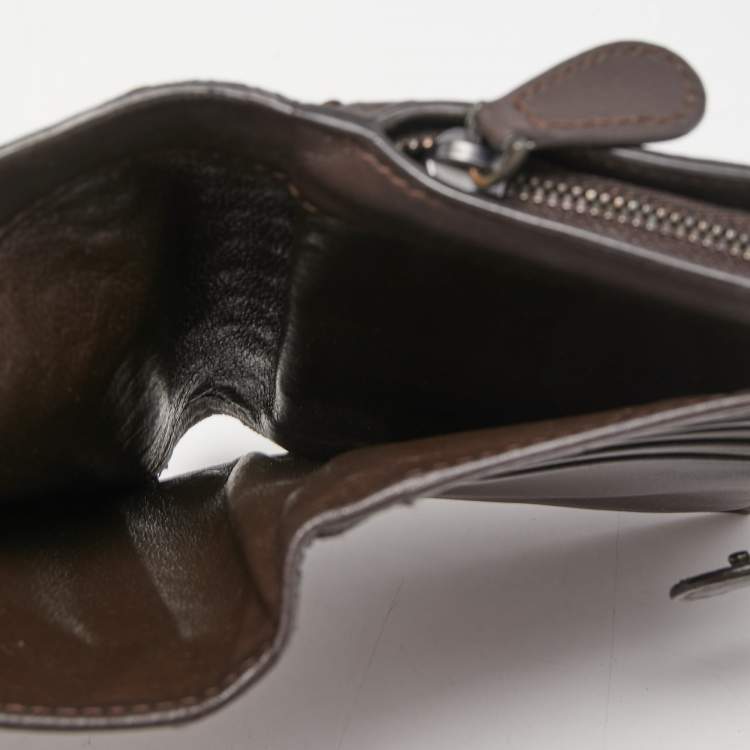 Pre Owned Bottega Veneta Dark Brown Intrecciato Leather French Wallet