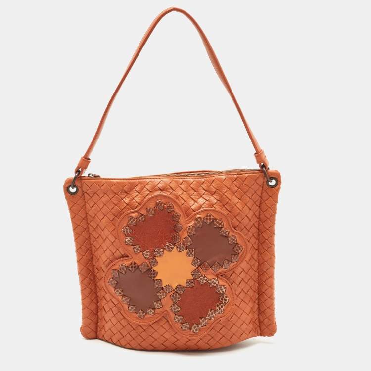 Pre Owned Bottega Veneta Brown Intrecciato Leather Floral Shoulder Bag