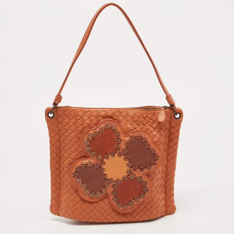 Pre Owned Bottega Veneta Brown Intrecciato Leather Floral Shoulder Bag