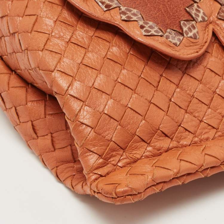 Pre Owned Bottega Veneta Brown Intrecciato Leather Floral Shoulder Bag