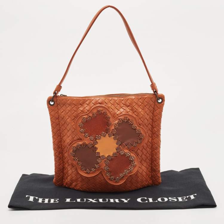Pre Owned Bottega Veneta Brown Intrecciato Leather Floral Shoulder Bag
