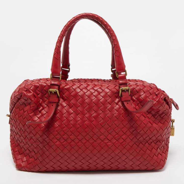 Pre Owned Bottega Veneta Red Intrecciato Leather Montaigne Satchel