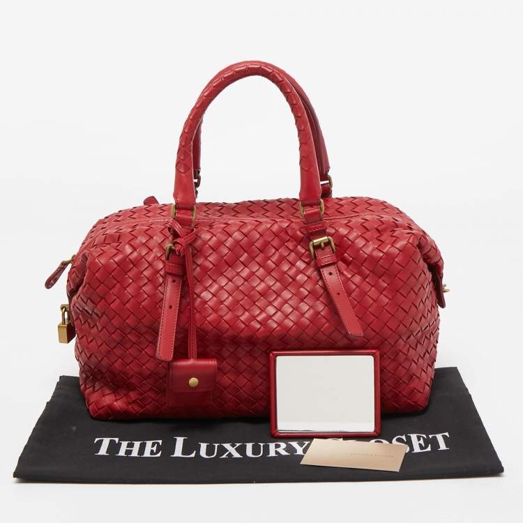 Pre Owned Bottega Veneta Red Intrecciato Leather Montaigne Satchel