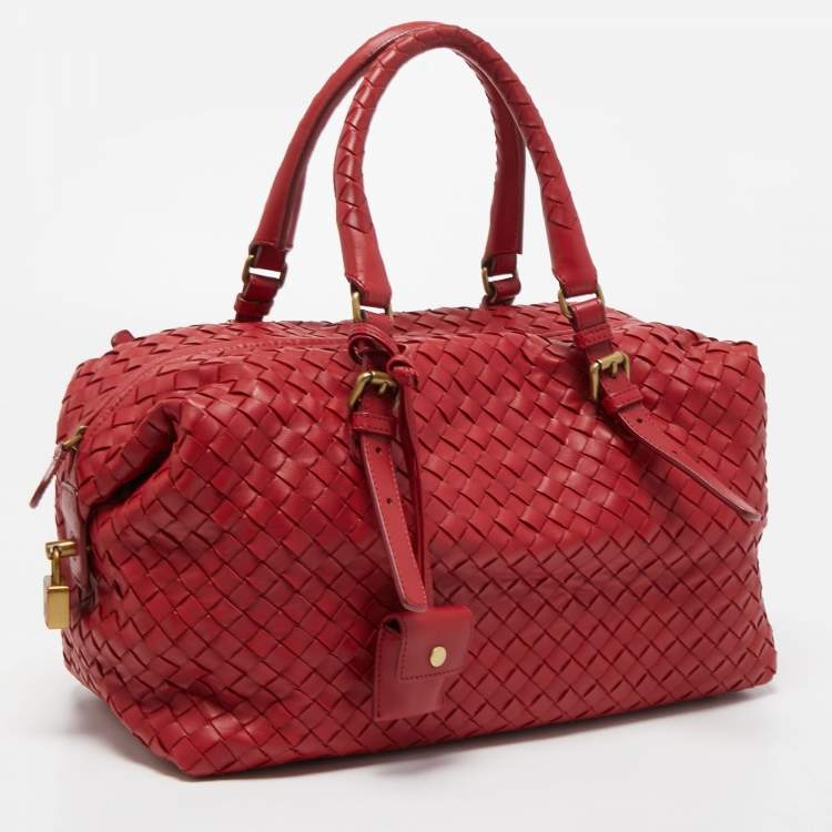 Pre Owned Bottega Veneta Red Intrecciato Leather Montaigne Satchel