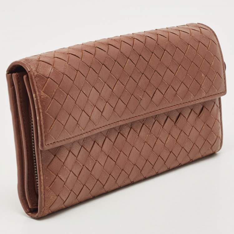 Pre Owned Bottega Veneta Brown Intrecciato Leather Flap Continental Wallet