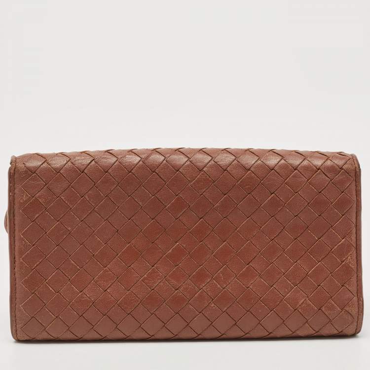 Pre Owned Bottega Veneta Brown Intrecciato Leather Flap Continental Wallet