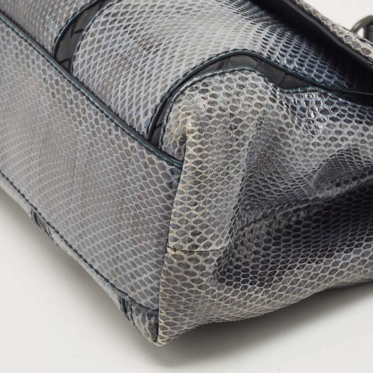 Pre Owned Bottega Veneta Dark Blue/Black Snake Skin and Intrecciato Leather Shoulder Bag