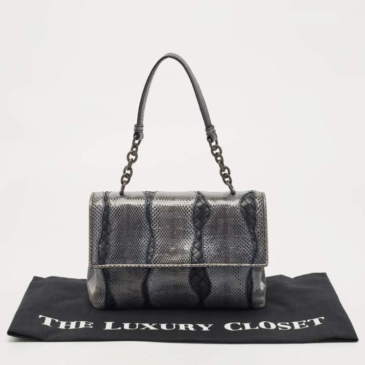 Pre Owned Bottega Veneta Dark Blue/Black Snake Skin and Intrecciato Leather Shoulder Bag