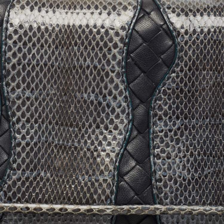 Pre Owned Bottega Veneta Dark Blue/Black Snake Skin and Intrecciato Leather Shoulder Bag