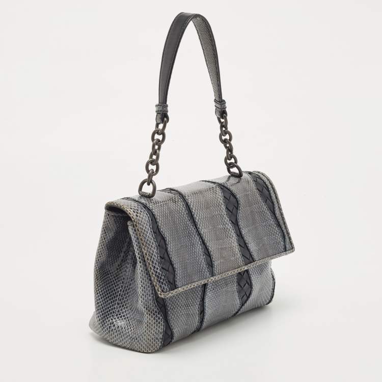 Pre Owned Bottega Veneta Dark Blue/Black Snake Skin and Intrecciato Leather Shoulder Bag