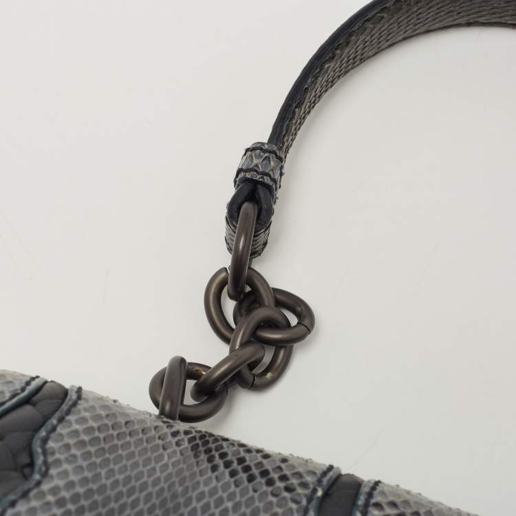 Pre Owned Bottega Veneta Dark Blue/Black Snake Skin and Intrecciato Leather Shoulder Bag