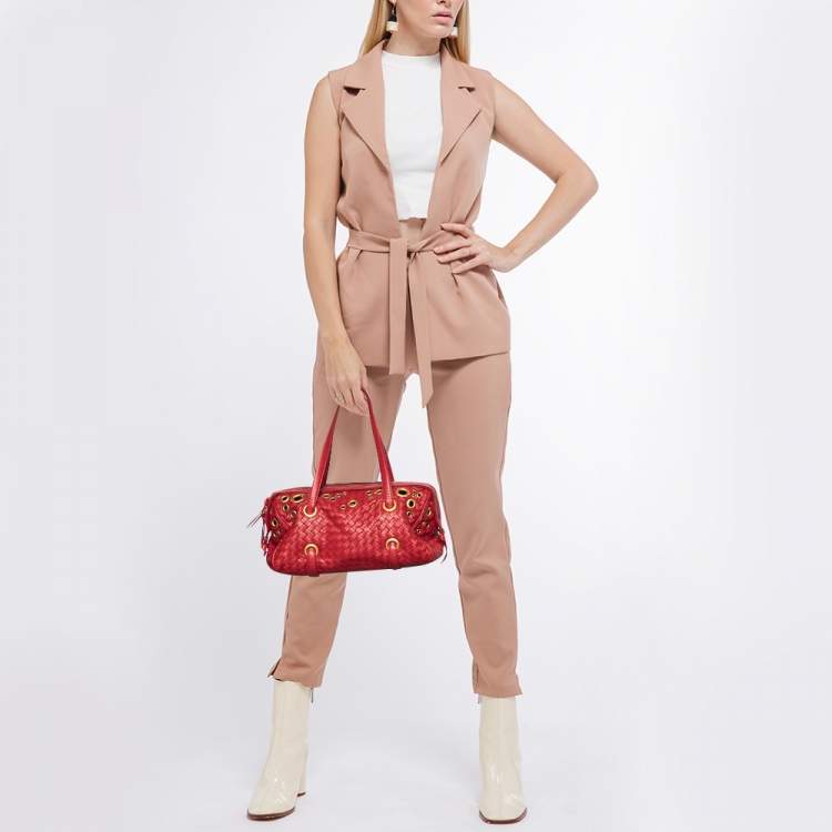 Pre Owned Bottega Veneta Red Intrecciato Leather Grommet Satchel