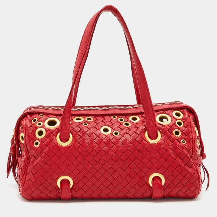 Pre Owned Bottega Veneta Red Intrecciato Leather Grommet Satchel