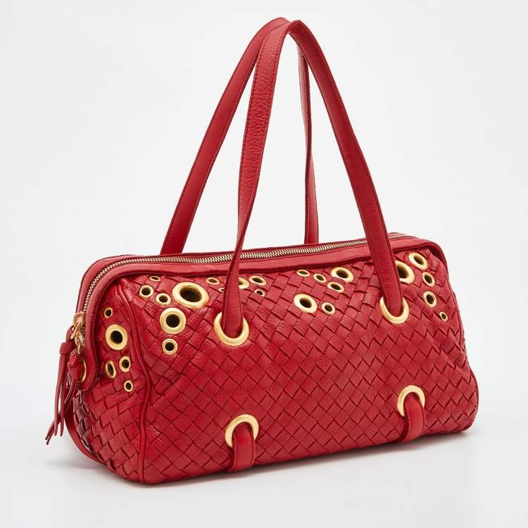Pre Owned Bottega Veneta Red Intrecciato Leather Grommet Satchel