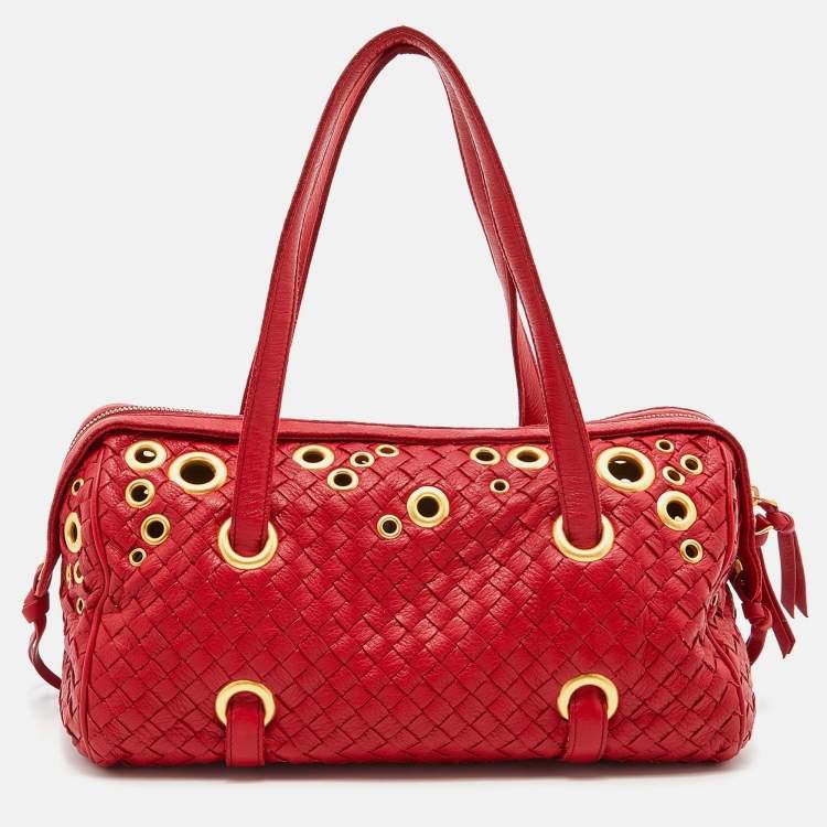 Pre Owned Bottega Veneta Red Intrecciato Leather Grommet Satchel