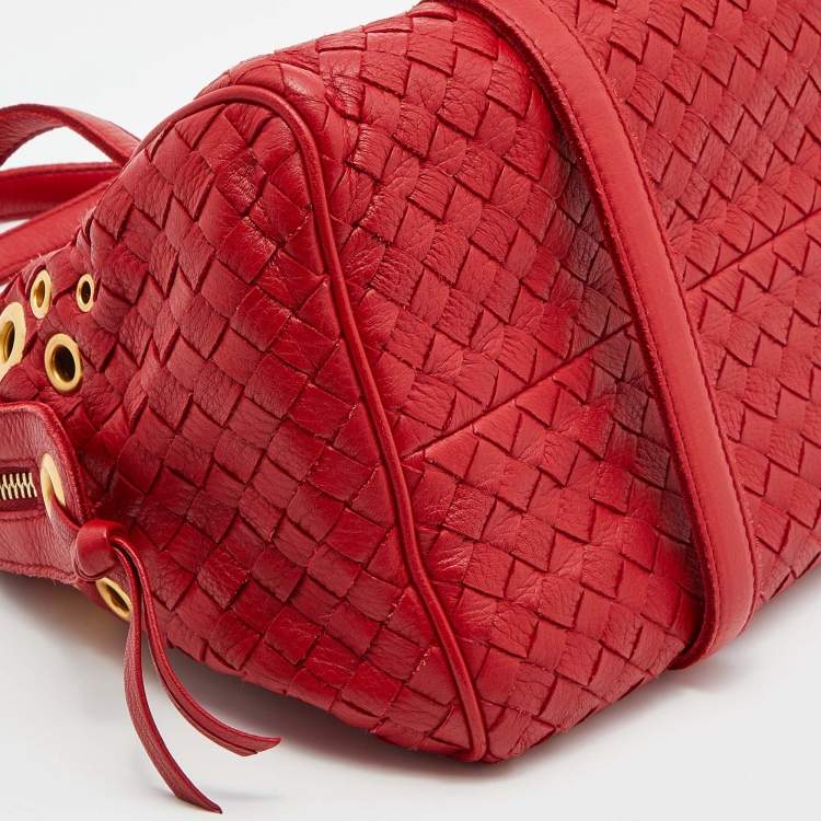 Pre Owned Bottega Veneta Red Intrecciato Leather Grommet Satchel
