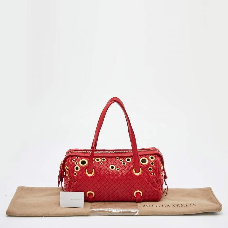 Pre Owned Bottega Veneta Red Intrecciato Leather Grommet Satchel