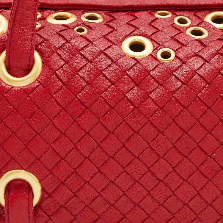 Pre Owned Bottega Veneta Red Intrecciato Leather Grommet Satchel