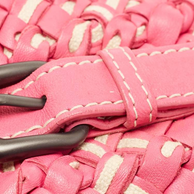Pre Owned Bottega Veneta Pink/Beige Top Woven Leather Shopper Tote
