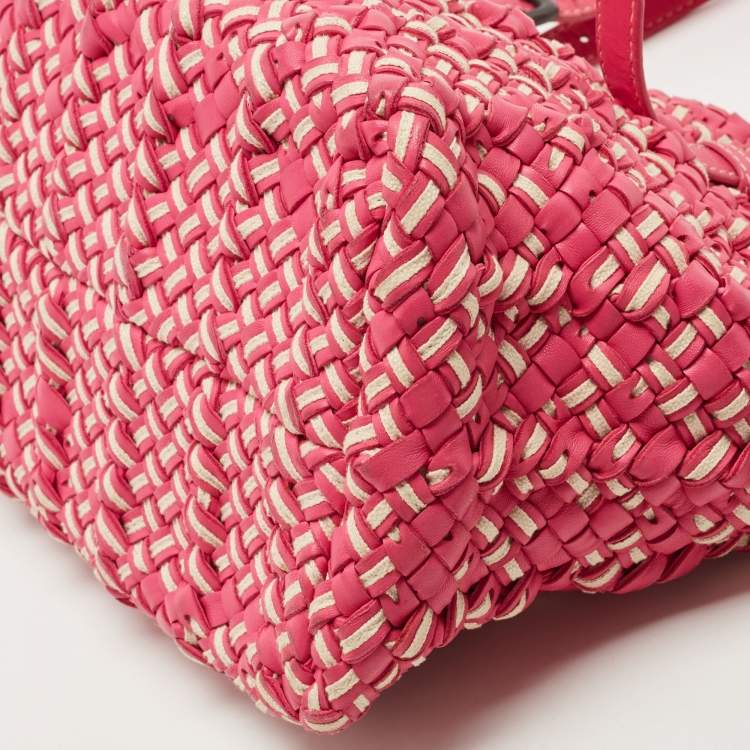 Pre Owned Bottega Veneta Pink/Beige Top Woven Leather Shopper Tote