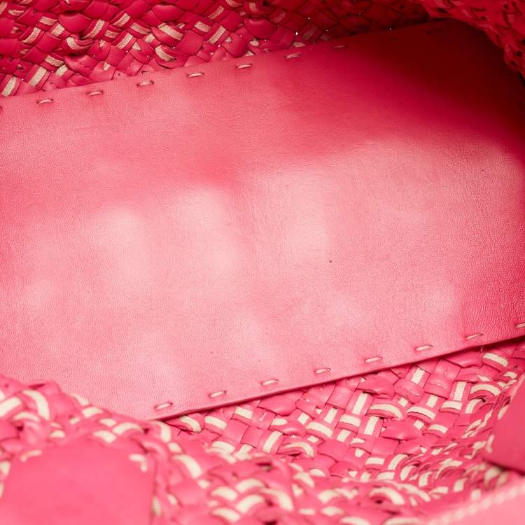 Pre Owned Bottega Veneta Pink/Beige Top Woven Leather Shopper Tote