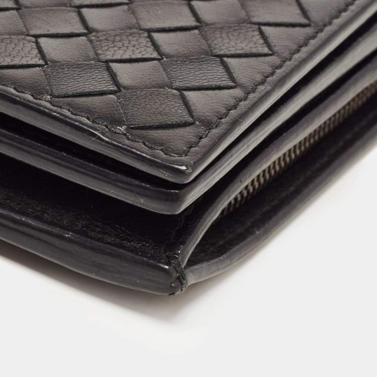 Pre Owned Bottega Veneta Black Intrecciato Leather Trifold French Wallet