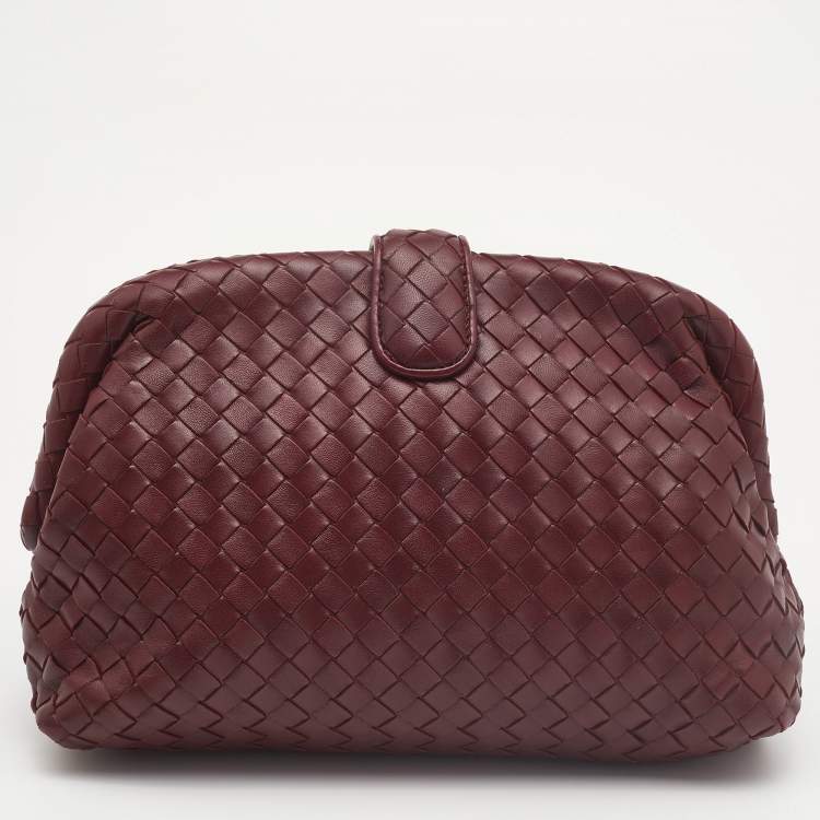 Pre Owned Bottega Veneta Burgundy Intrecciato Leather Frame Clutch