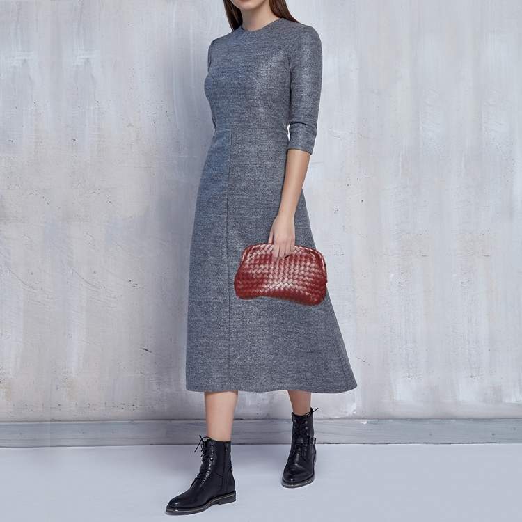 Pre Owned Bottega Veneta Burgundy Intrecciato Leather Frame Clutch