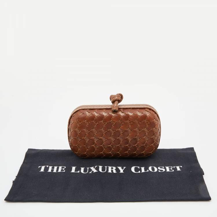 Pre Owned Bottega Veneta Brown Intrecciato Watersnake and Leather Knot Clutch